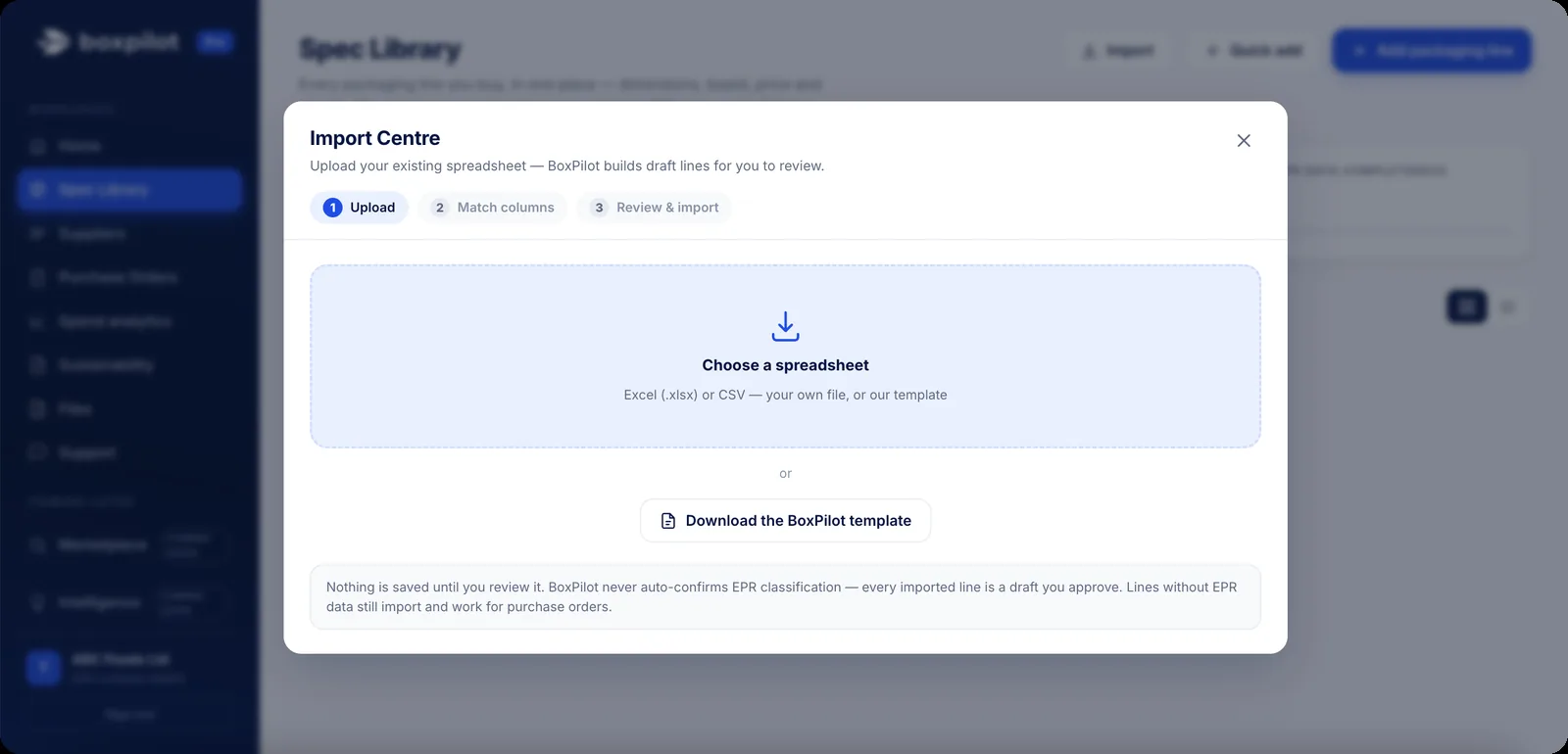 BoxPilot Import Centre: upload an existing spreadsheet and review draft lines
