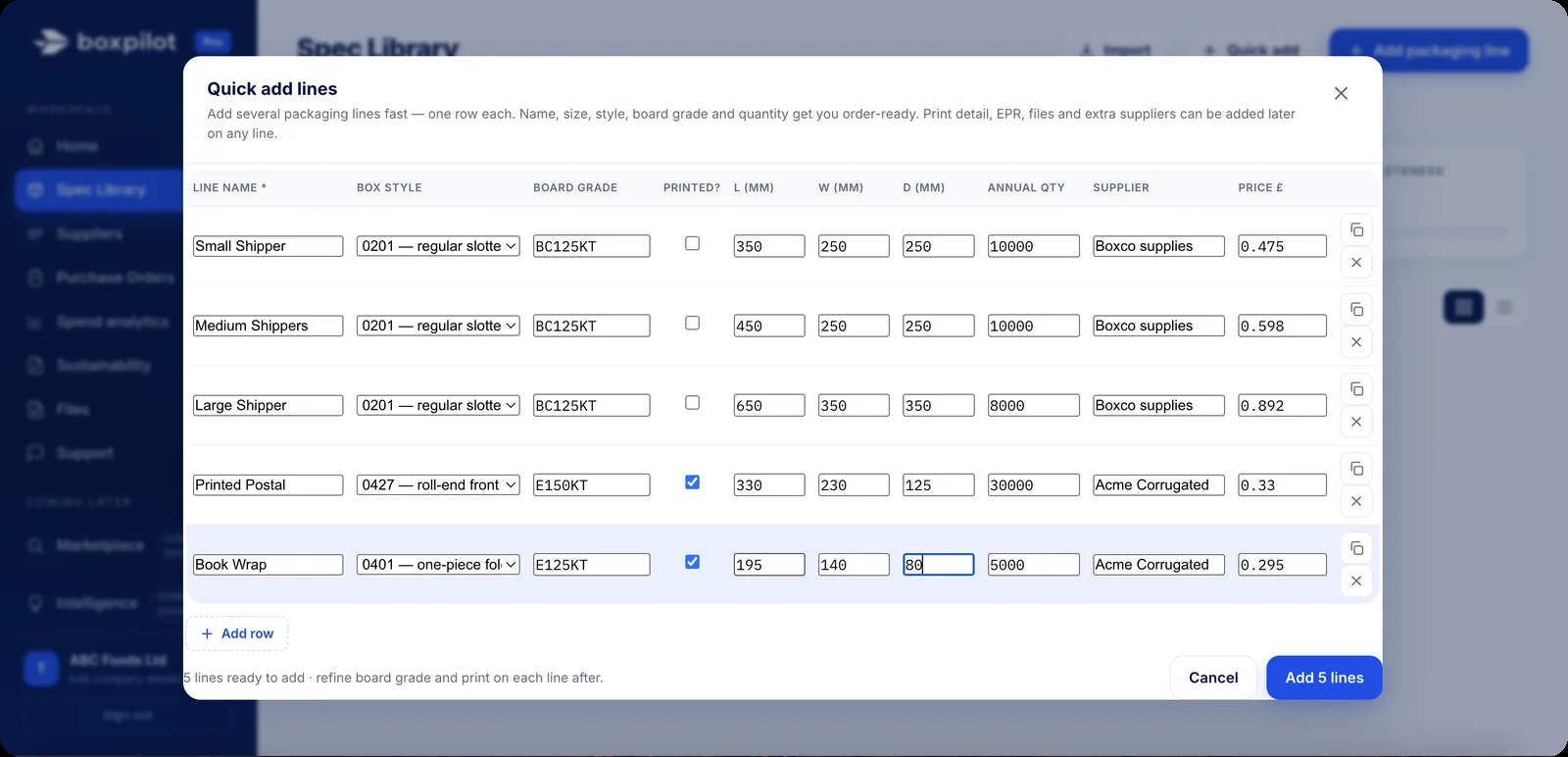 BoxPilot Quick Add: adding several corrugated lines fast, one row each