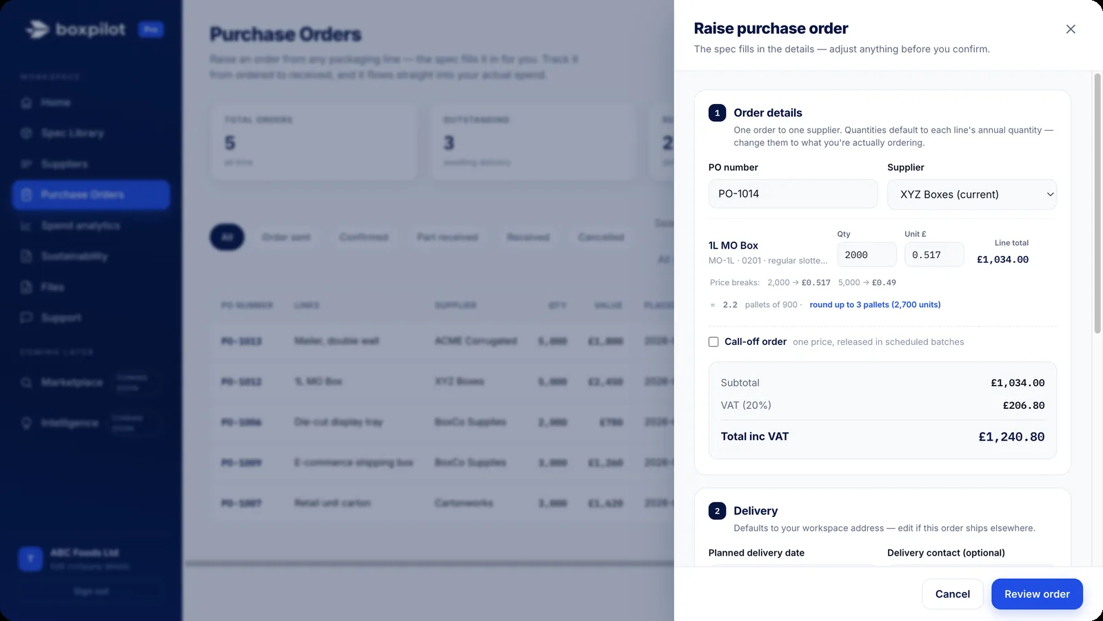 Raising a purchase order in BoxPilot, pre-filled from a stored spec